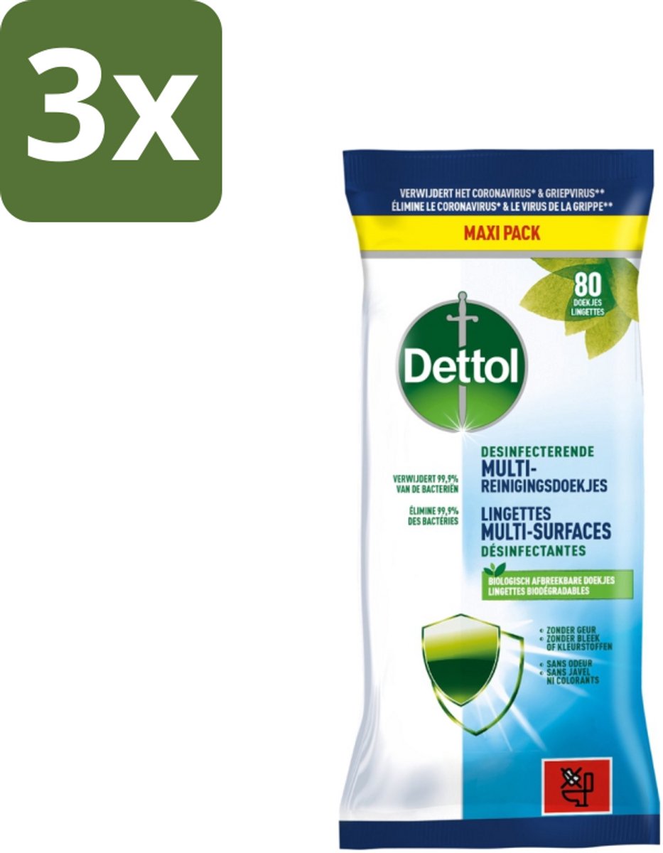 3 x Dettol - Multi-Reinigingsdoekjes - Desinfecterend - Zonder Bleek & Geurstoffen - Biologisch Afbreekbaar - 80 Doekjes - Reinigingsdoekjes - Keukenvet Verwijderen - Hygiëne - Vuil Verwijderen - Desinfecterend