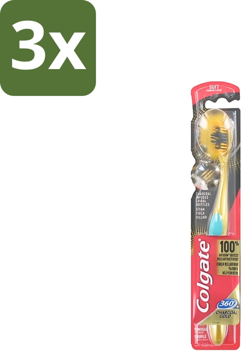 3 x Colgate - Tandenborstel - 360 Charcoal Gold Soft - Zwart/Goud - 1 Tandenborstel - Tandenborstel - Houtskool - Tanden Reinigen - Tanden Witter Maken - Tandenborstel Zacht