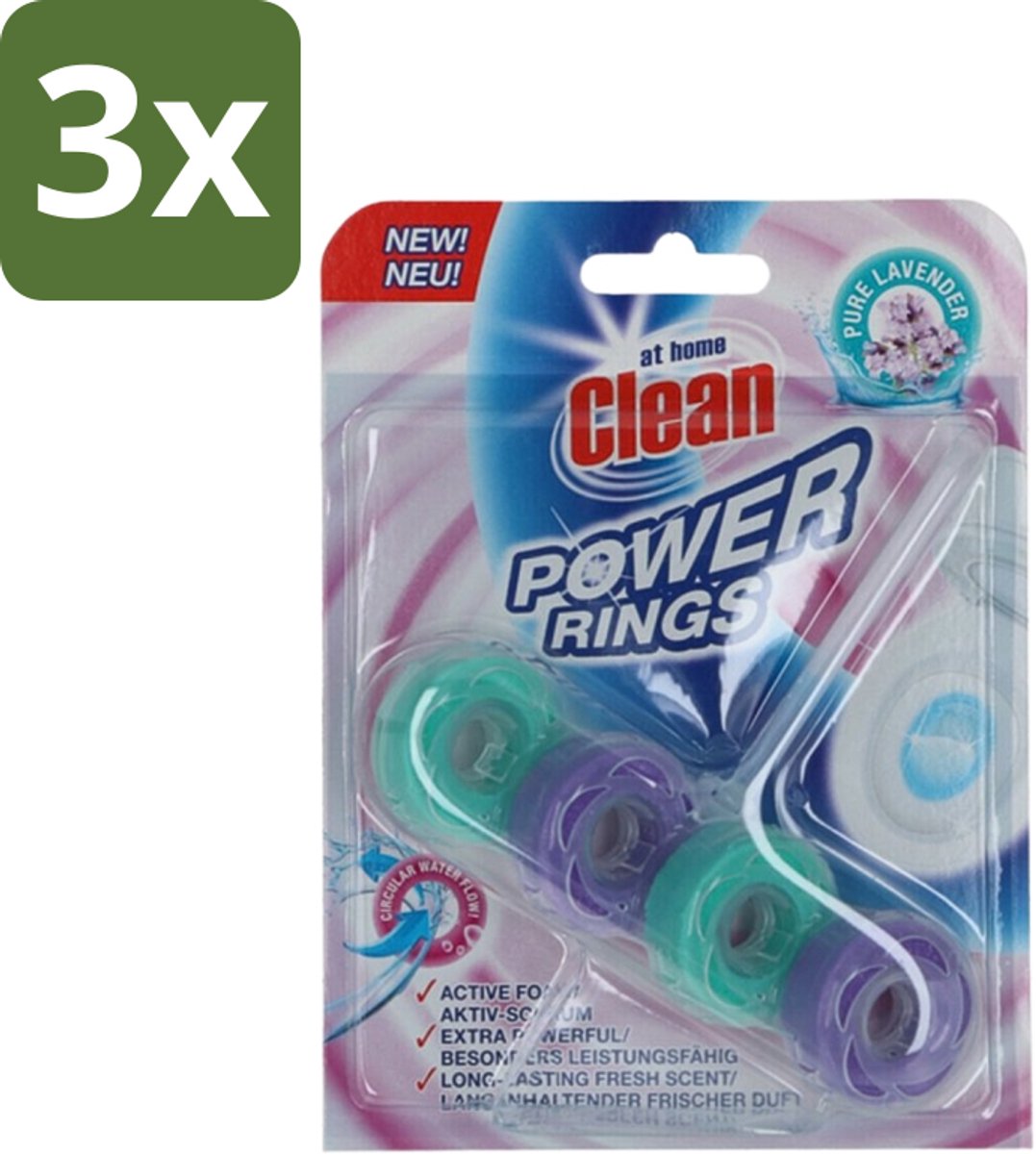 3 x At Home - Clean - Toiletblok - Power Rings - Pure Lavender - Extra Sterk - 1 Blok - Toiletblok - Lavendel - Reiniging - Frisheid - Toiletgeur