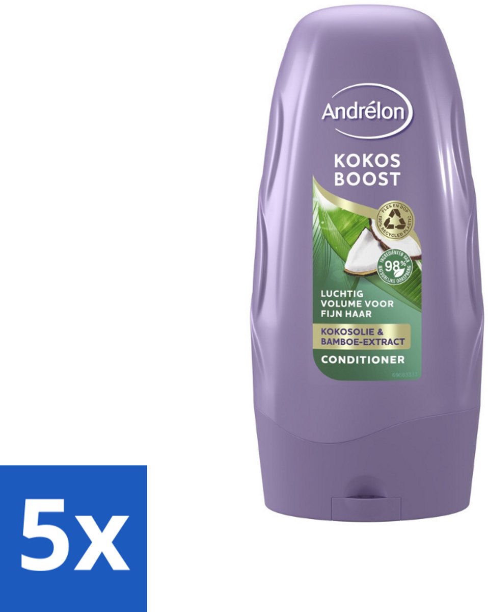 5 x Andrélon - Kokos Boost - Conditioner - Intensieve Voeding - 250 ml - Fijn Haar - Volume - Voeding - Kokosolie - Bamboe-extract