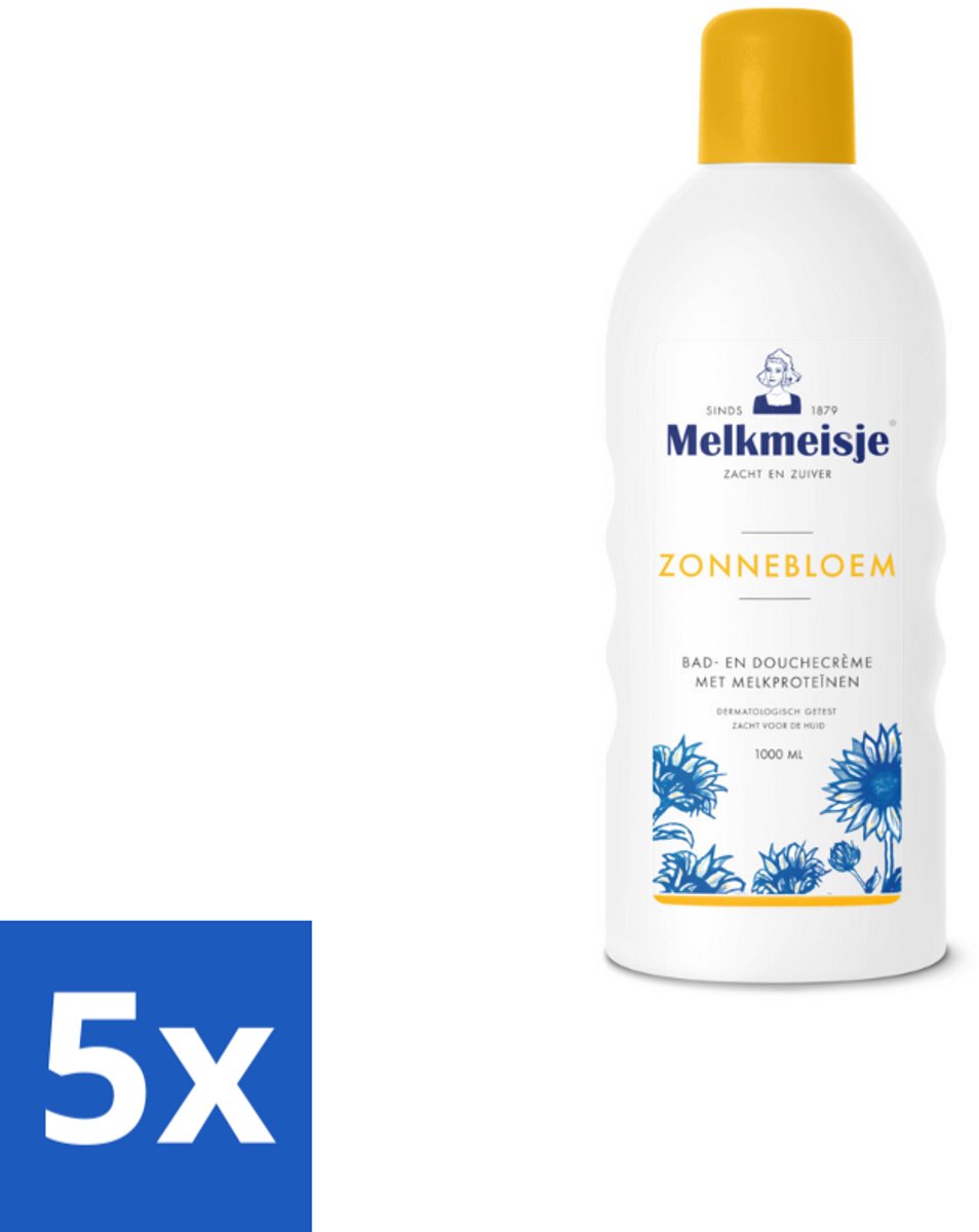 5 x Melkmeisje Bad en Douche Crème Zonnebloem en Melk 1000 ml - Douchecrème - Melkmeisje - Bad En Douche - Melkcrème - Zonnebloem Crème