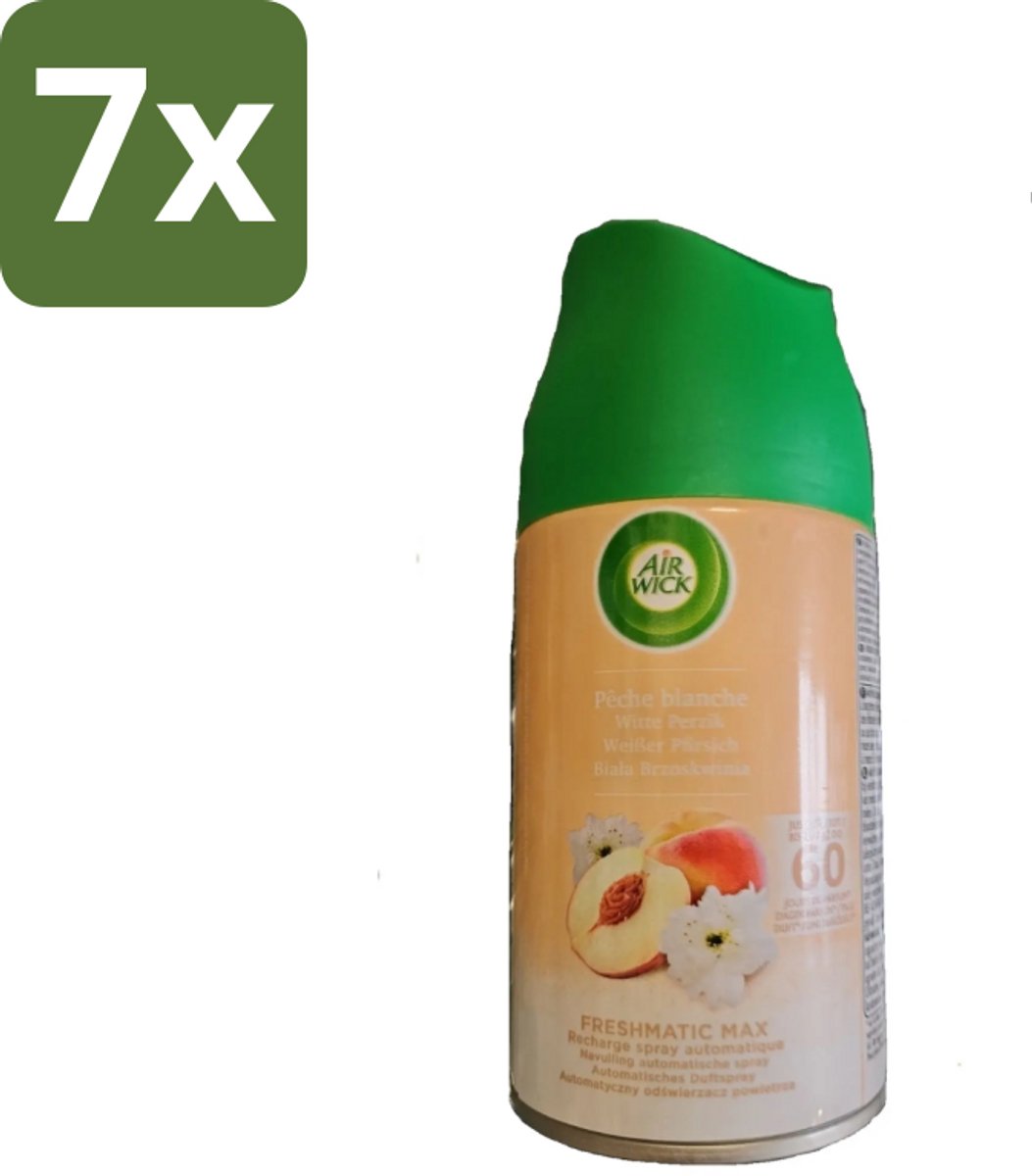 7 x Air Wick - Luchtverfrisser Navulling - Witte Perzik - Automatische Spray - 250 ml - Luchtverfrisser - Geurverspreiding - Witte Perzik - Automatische Spray - Geurintensiteit