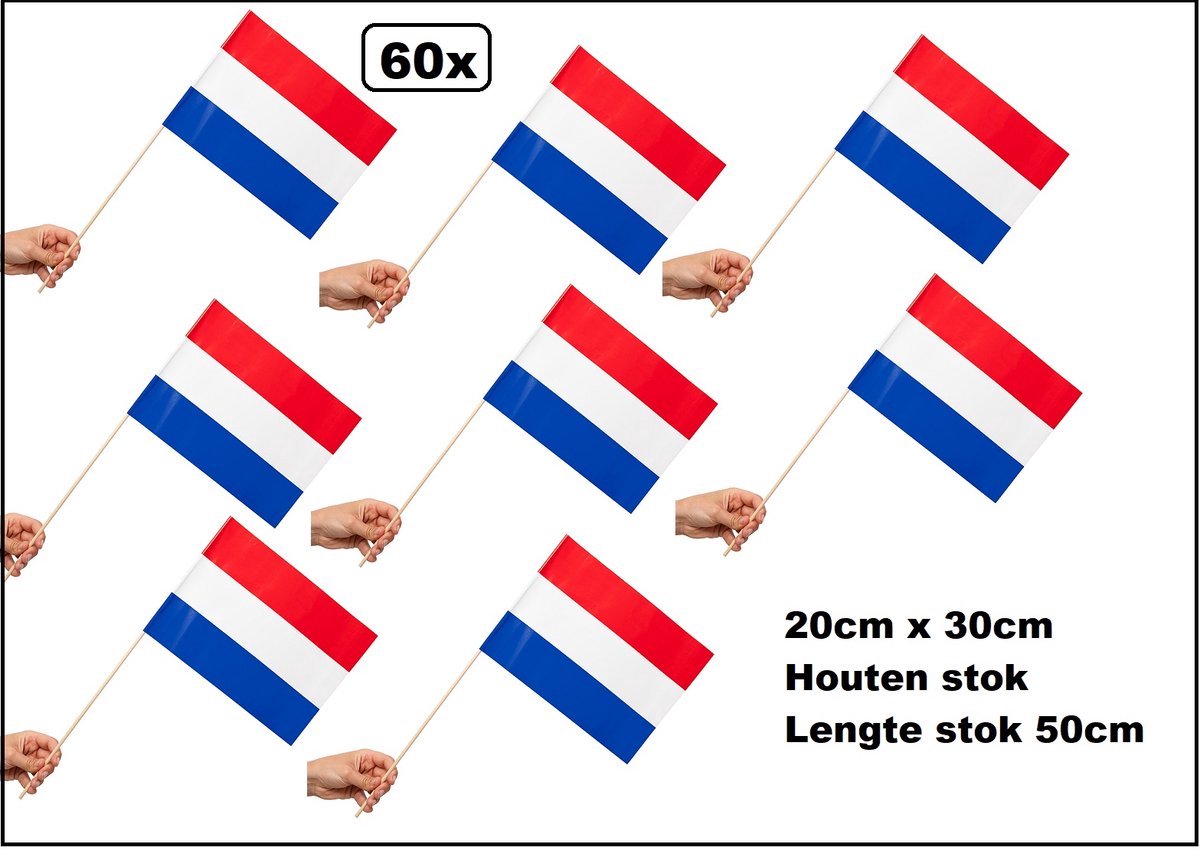 60 stuks Luxe Zwaaivlaggetjes op stok Nederland 20cm x 30cm - lengte stok 50cm - Zwaai vlaggetjes EK WK thema feest voetbal festival uitdeel Holland