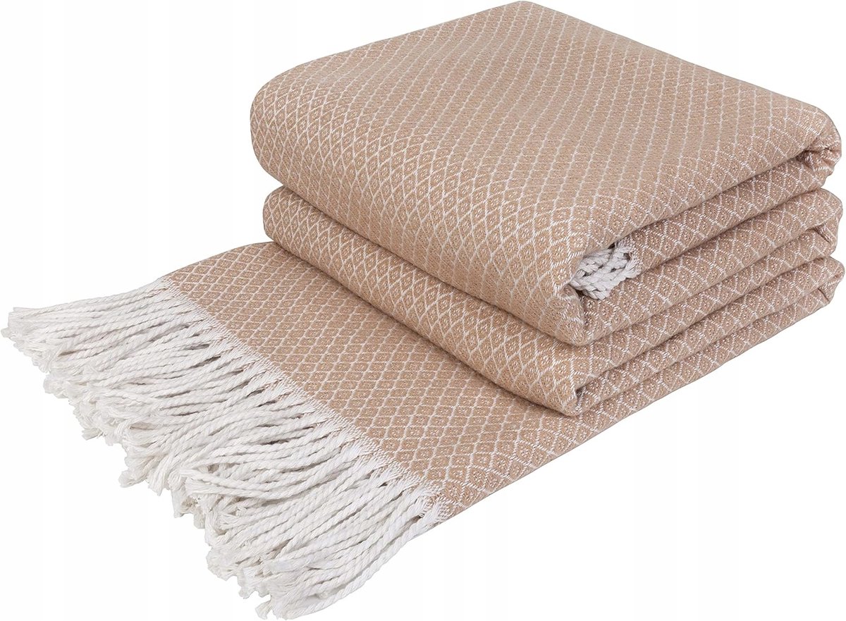 Katoenen Plaid met Franjes - Beige - 140x200 cm