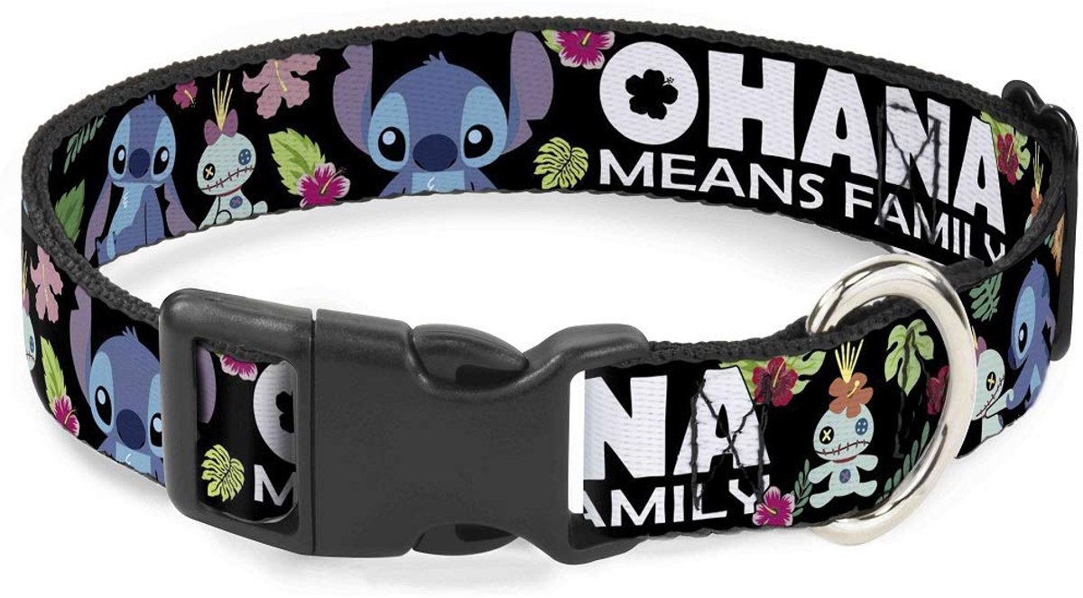 Buckle-Down Plastic Clip Collar - Ohana Means Family/Stitch & Scrump Poses/Tropical Flora Black/White/Multi Color - ShopVlot