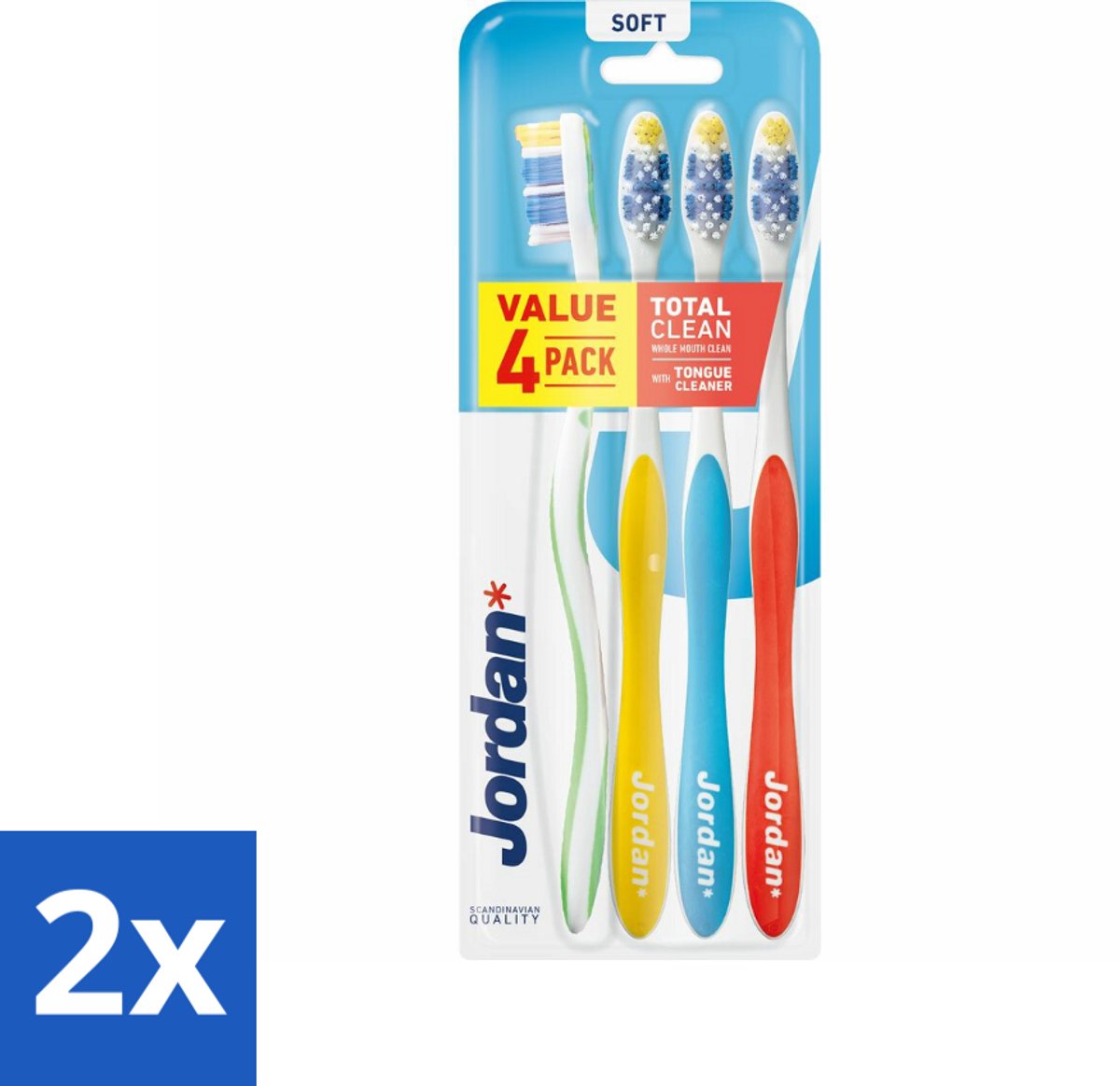 2 x Jordan Tandenborstel Total Clean Soft 4-pack 4 stuks per verpakking - Tandenborstel - Mondverzorging - Tandplak Verwijderen - Tandvlees Verzorgen - Tongschraper