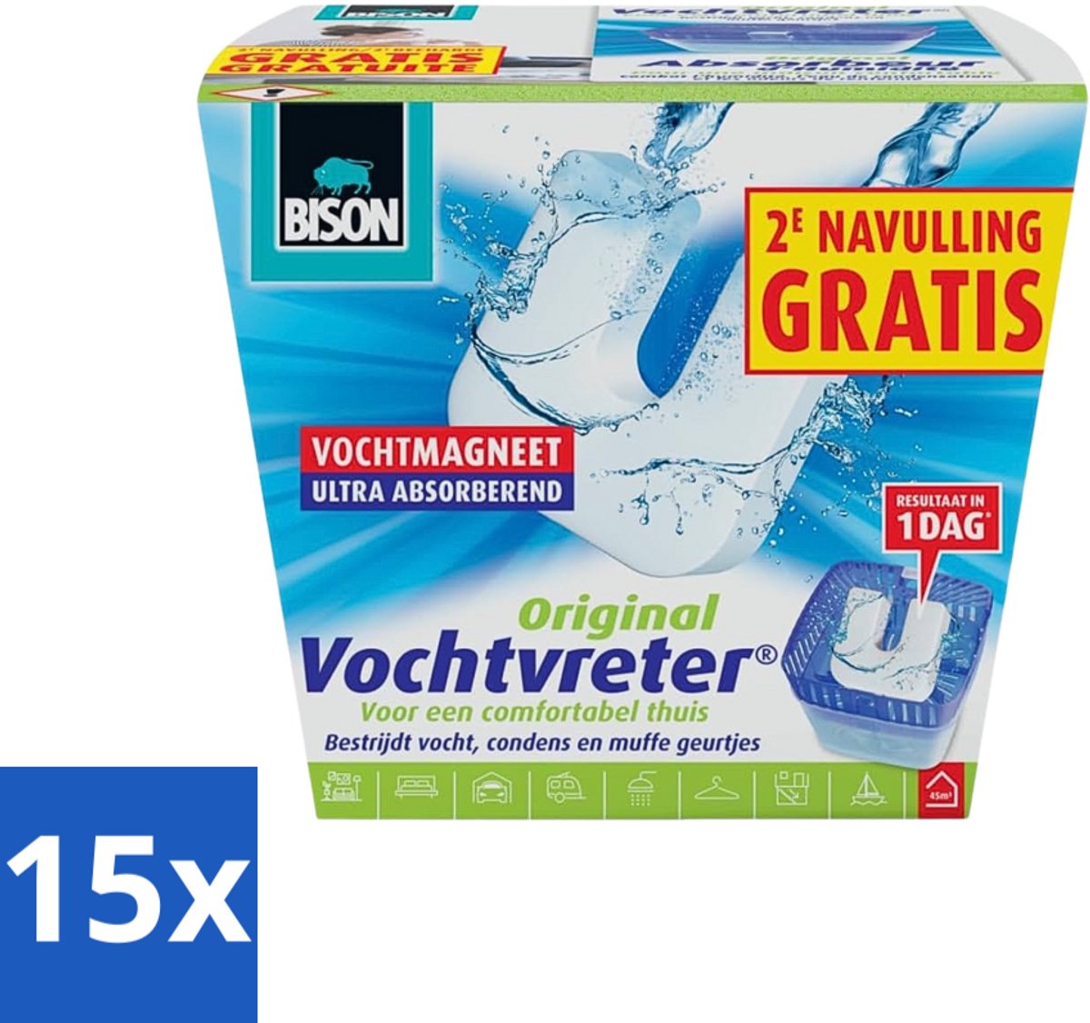15 x Bison - Vochtvreter - Neutraal - Voor Woonruimtes, Campers & Caravans - 900 g + 2 Extra Navulmagneten - Vochtbestrijding - Vochtvanger - Vochtverwijdering - Condensbestrijding - Schimmelbestrijding