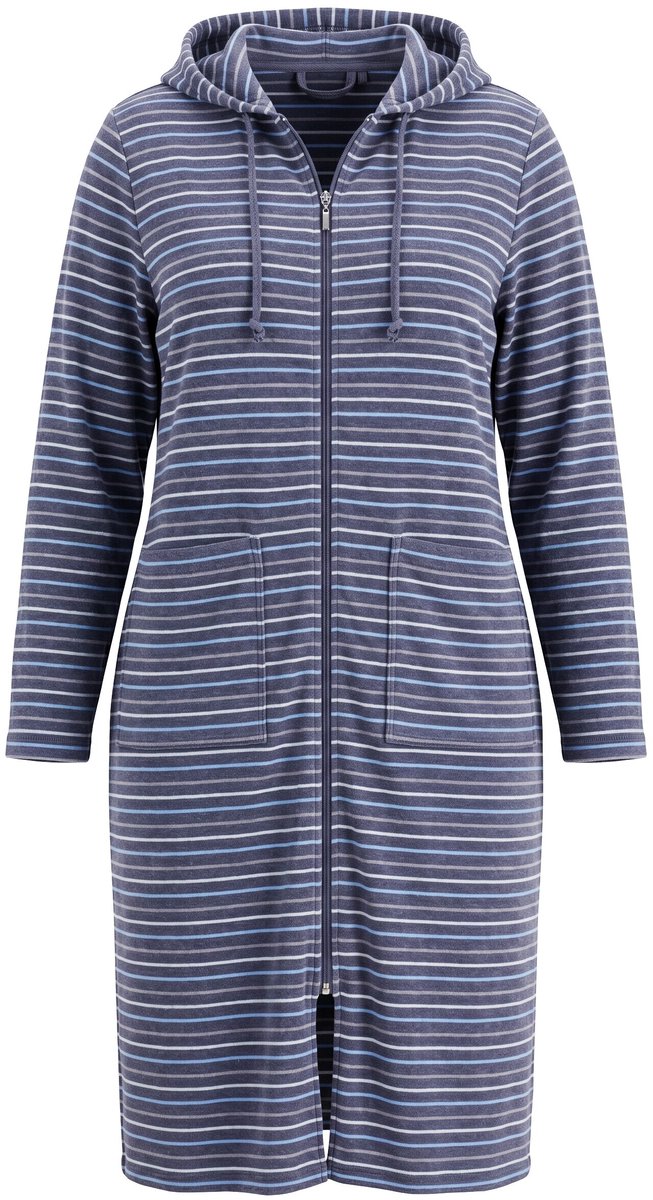 Ulla Popken - Dames - Badjas strepen 2-weg zipper lange mouw badstof - Donkergrijs - Maat 54+
