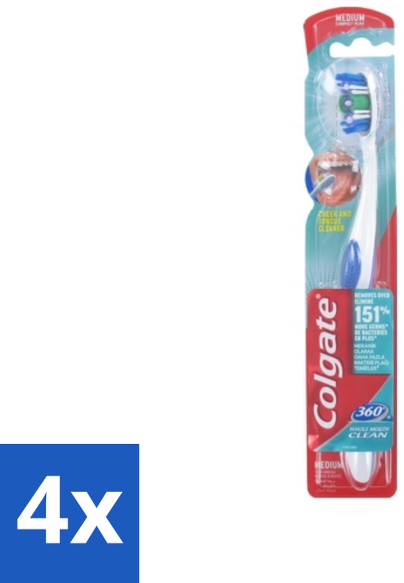 4 x Colgate - Tandenborstel - 360 Whole Mouth Clean Medium - Wit/Blauw - 1 Tandenborstel - Tandenborstel - Mondhygiëne - Tandenpoetsen - Bacteriën - Tandplak