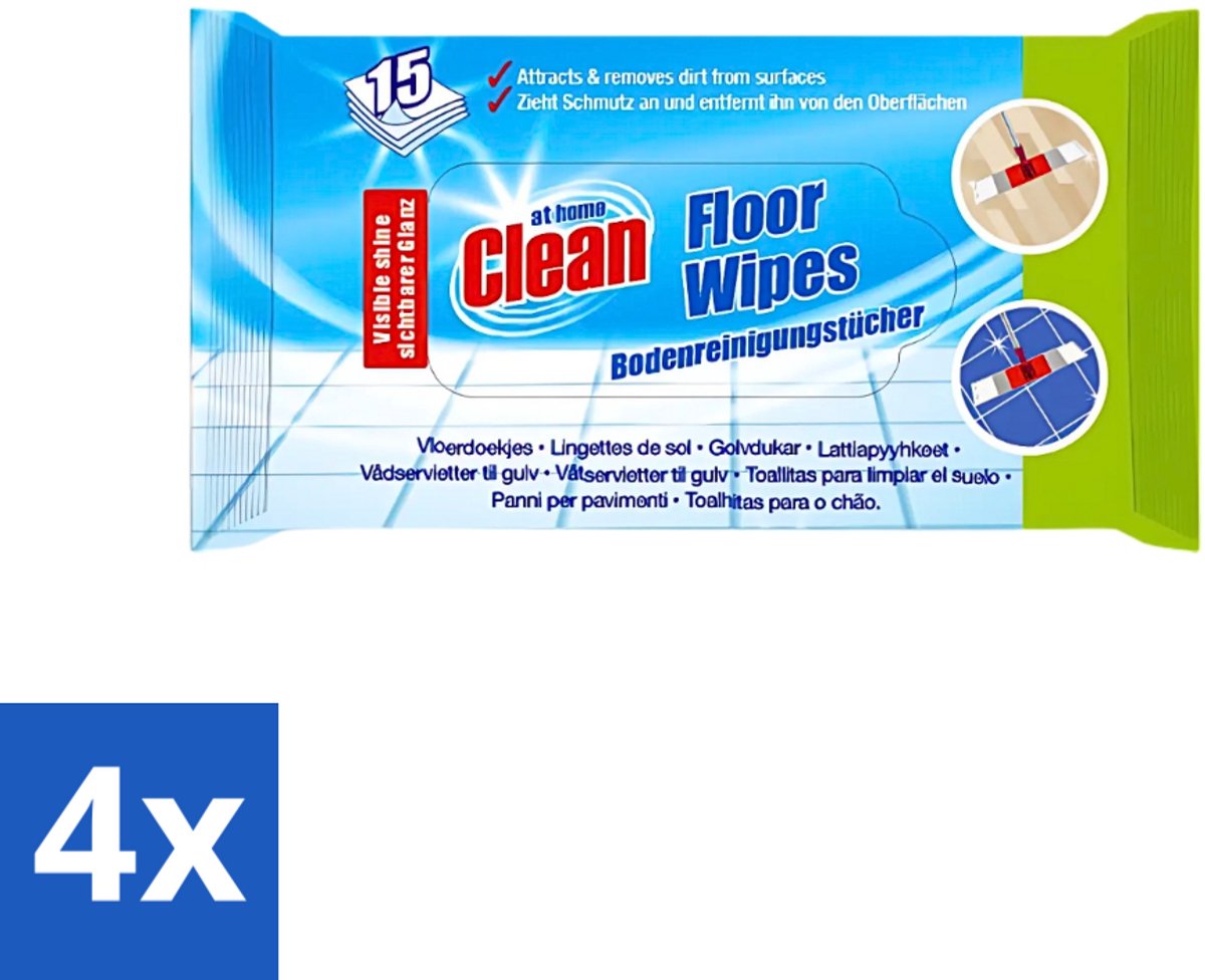 4 x At Home - Clean - Vloer Reinigingsdoekjes - Reinigt Effectief - 15 Doekjes - Vloer Reinigen - Reinigingsdoek - Vloer Doek - Glans Vloer - Schoonmaken Vloer