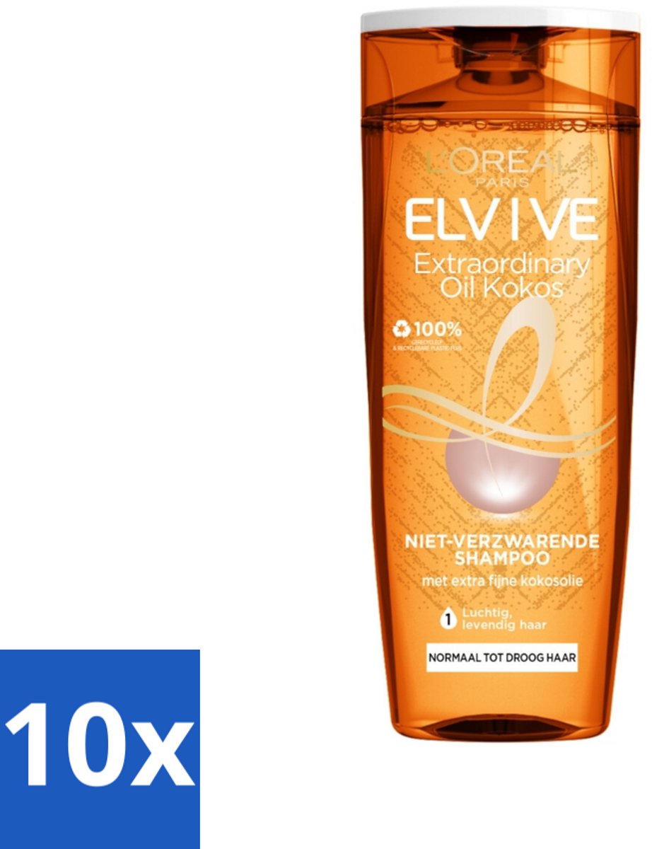 10 x L'Oréal Paris Elvive - Shampoo - Extraordinary Oil - Kokosolie - Voor Droog Haar - 250 ml - Shampoo Voor Droog Haar - Kokosolie Shampoo - Fijne Kokosolie - Siliconenvrije Shampoo - Voeding Voor Haar