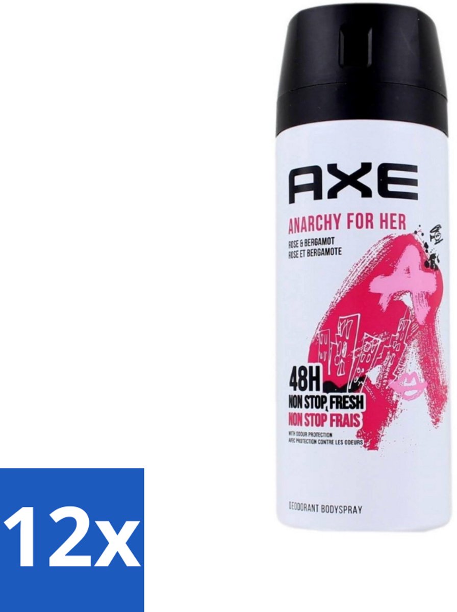 12 x Axe - Deodorant Bodyspray - 48hrs Non Stop Fresh - Anarchy For Her - Rose & Bergamot - 150 ml - Axe Anarchy For Her - Deodorant - Roos En Bergamot - Frisse Geur - Vrouwelijkheid