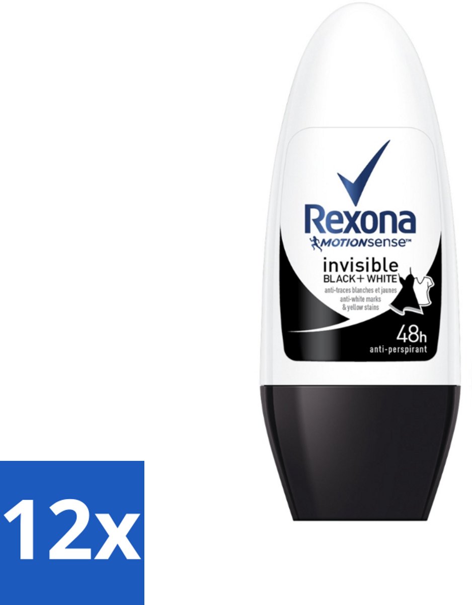12 x Rexona - Invisible Black & White - Deo Roller - Anti-transpirant - 50 ml - Deodorant - Anti-transpirant - Vlekkenvoorkomend - 48 Uur Bescherming - Roll-on