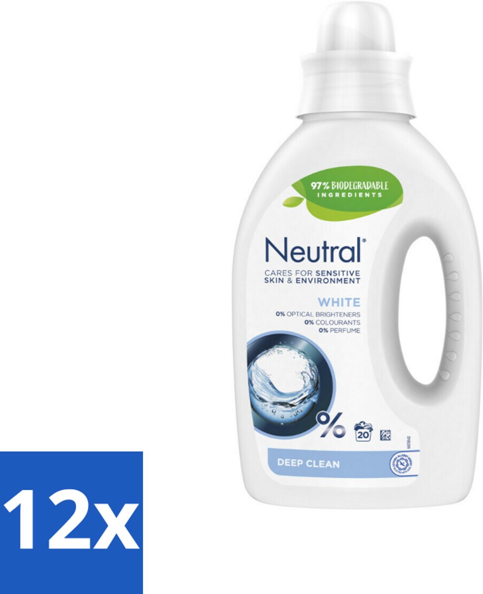 12 x Neutral Vloeibaar Wasmiddel Wit 20 Wasbeurten 1 liter - Gevoelige Huid - Wasmiddel - Wasmachine - Wasmiddel Voor Gevoelige Huid - Neutraal Wasmiddel