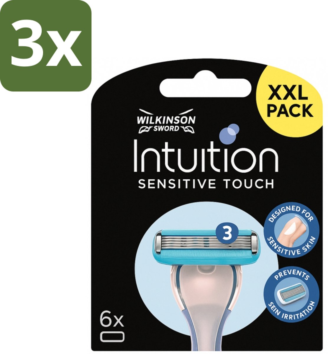 3 x Wilkinson - Navulmesjes Intuition Sensitive Touch - Met Verzorgende Gel - 6 scheermesjes - Scheermesjes - Gevoelige Huid - Verzorgende Gel - Aloe Vera - Vitamine E