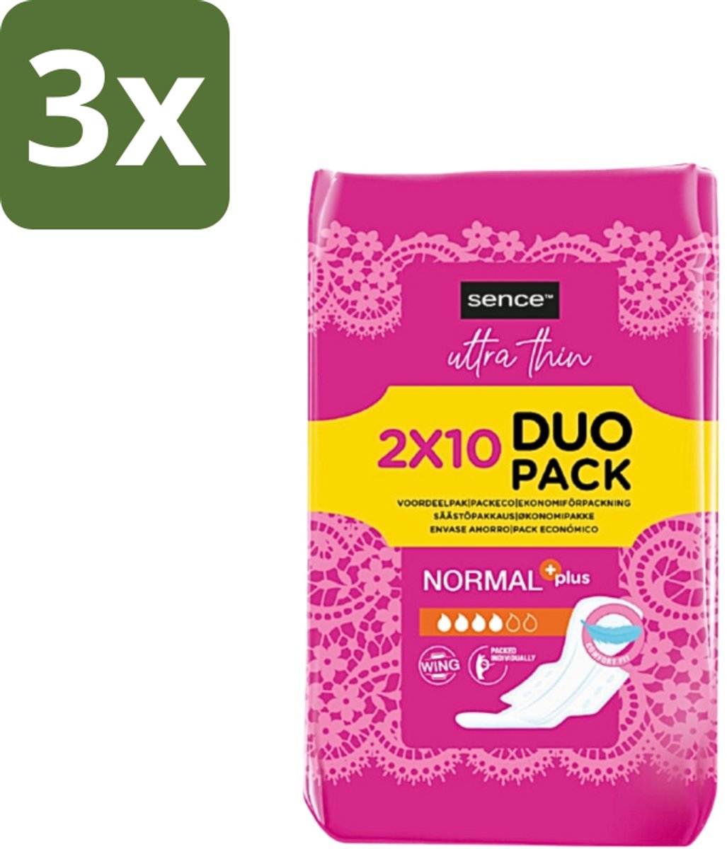 3 x Sence - Normaal - Maandverband - Zonder Vleugels - 2 x 10 Maandverbanden - Maandverband - Menstruatie - Normale Menstruatie - Zonder Vleugels - Discreet