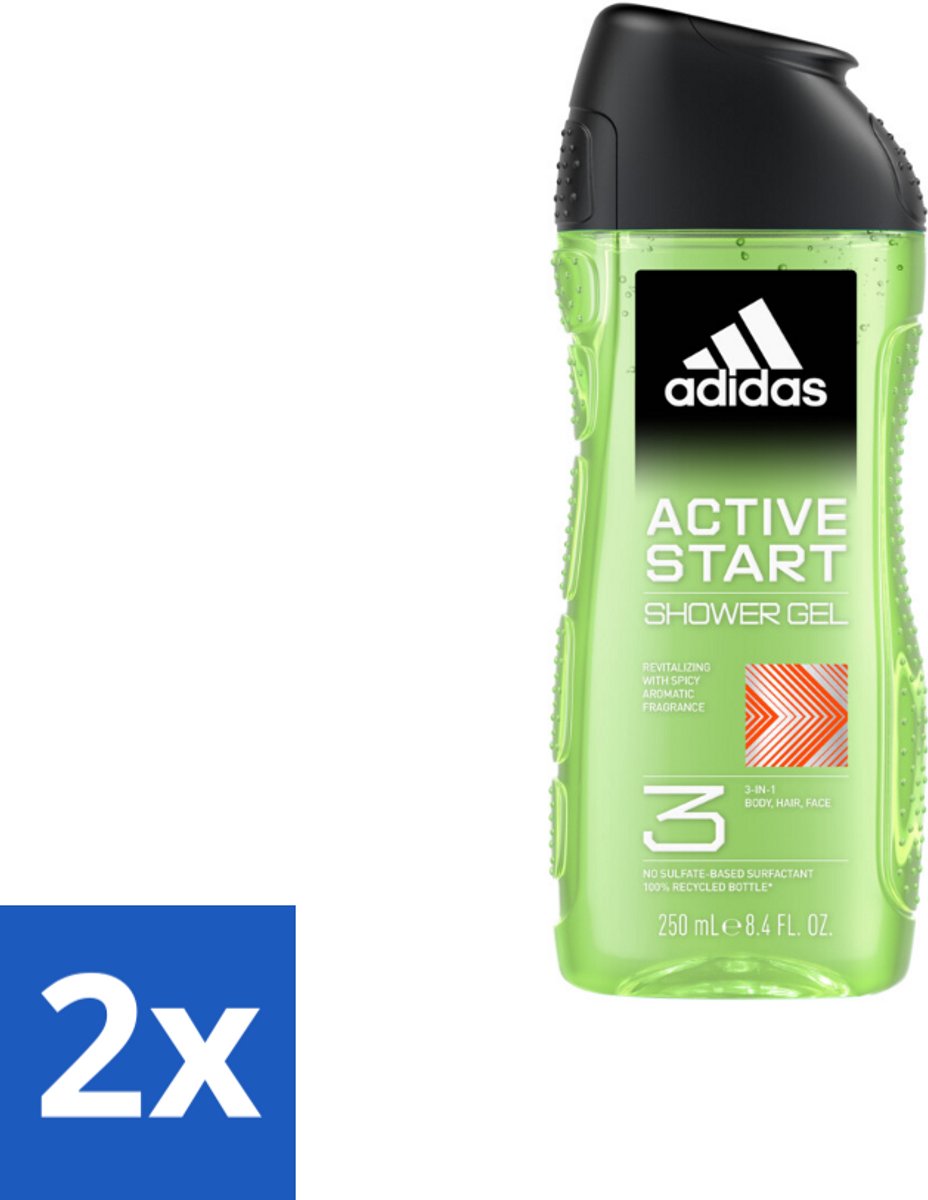 2 x Adidas Shower Gel Active Start 250 ml - Douchegel - 3-in-1 - Lichaam - Gezicht - Haar