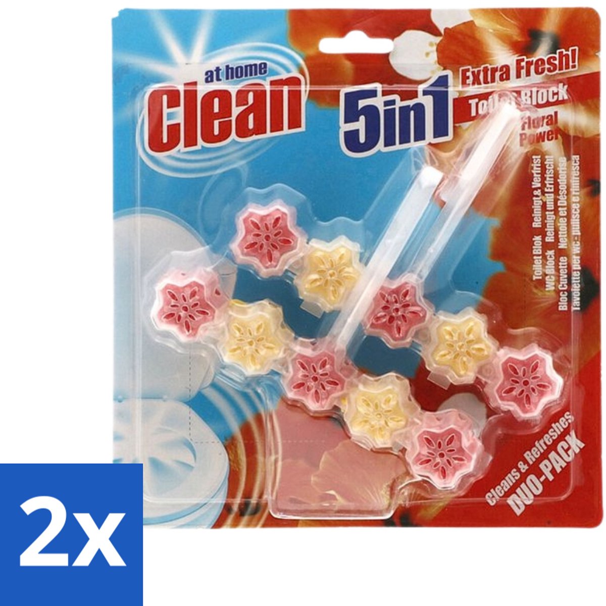 2 x At Home - Clean - Toiletblok - 5in1 Active - Floral Power - Neutraliseert & Reinigt - 2 Blokken - Toilet Reinigen - Toilet Blok - Toilet Geur - Toilet Reinigingsmiddel - Bloemige Geur