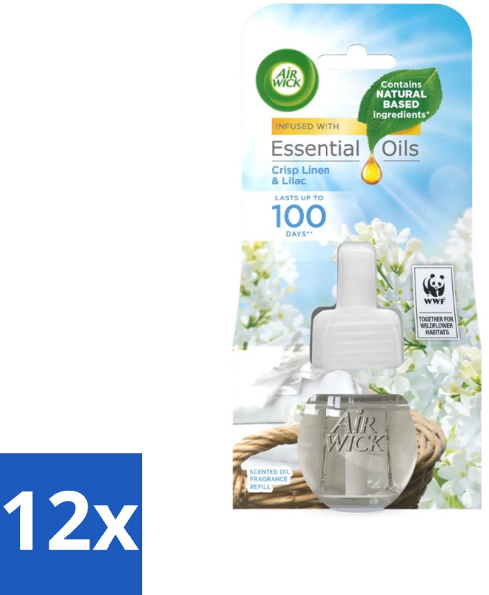 12 x Air Wick - Luchtverfrisser Navulling - Essentiële Oliën - Fris Linnen & Lilac - Elektrische Geurverspreider - 20 ml - Air Wick Geurverspreider - Essentiële Oliën Navulling - Fris Linnen Geur - Lila Geur - Elektrische Geurverspreider