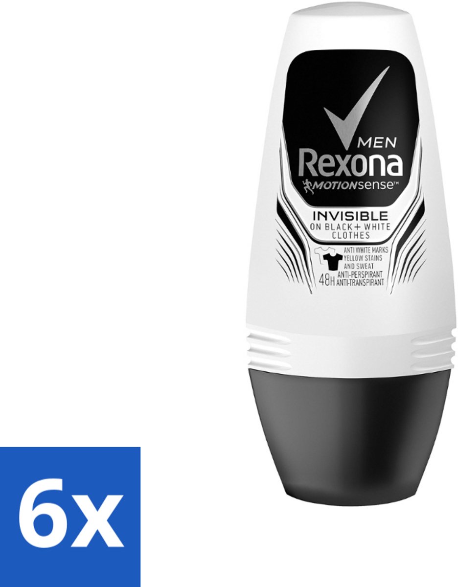 6 x Rexona Men - Invisible On Black & White - Deo Roller - 50 ml - Deodorant Voor Mannen - Zweetbescherming - Vlekkenbescherming - Roll-on Deodorant - Frisheid