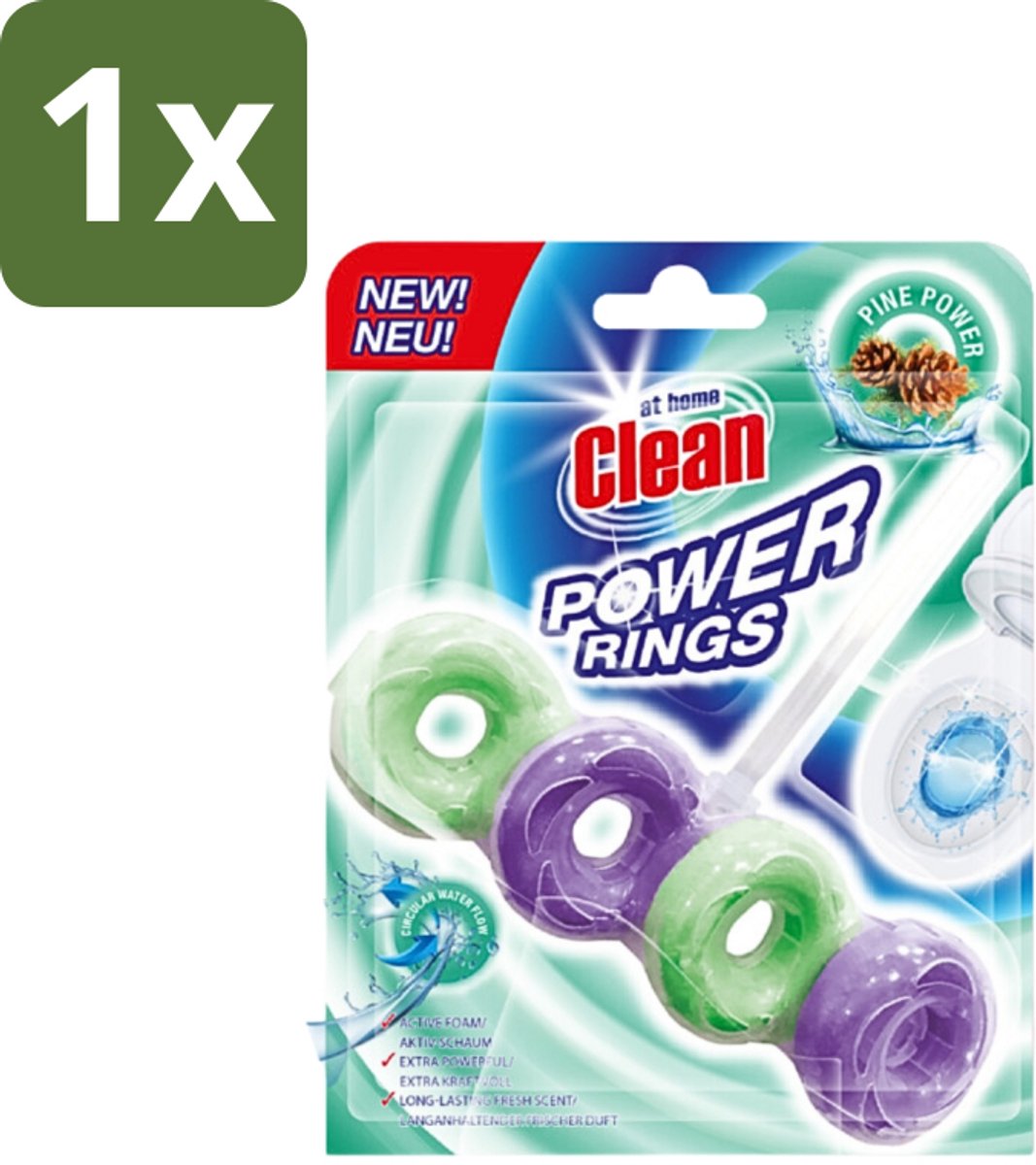 1 x At Home - Clean - Toiletblok - Power Rings - Pine Power - Extra Sterk - 1 Blok - Toiletblok - Toilet Reinigen - Frisse Geur - Dennengeur - Toilet Hygiëne
