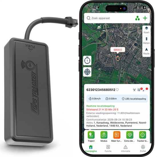GLAREX GPS tracker naast een smartphone met de app actief, waarop een kaart met locatie wordt weergegeven.