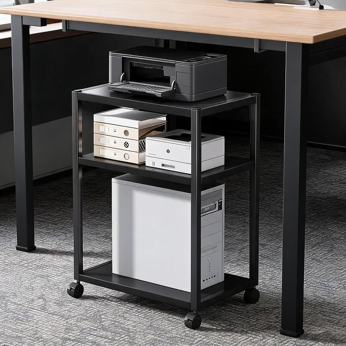 CPU Standaard op Wielen - PC Houder 3 Niveaus - In Hoogte Verstelbaar - Computer Rollenwagen voor Gaming PC en Printer - Zwart Metaal - 69 x 51 x 30 cm