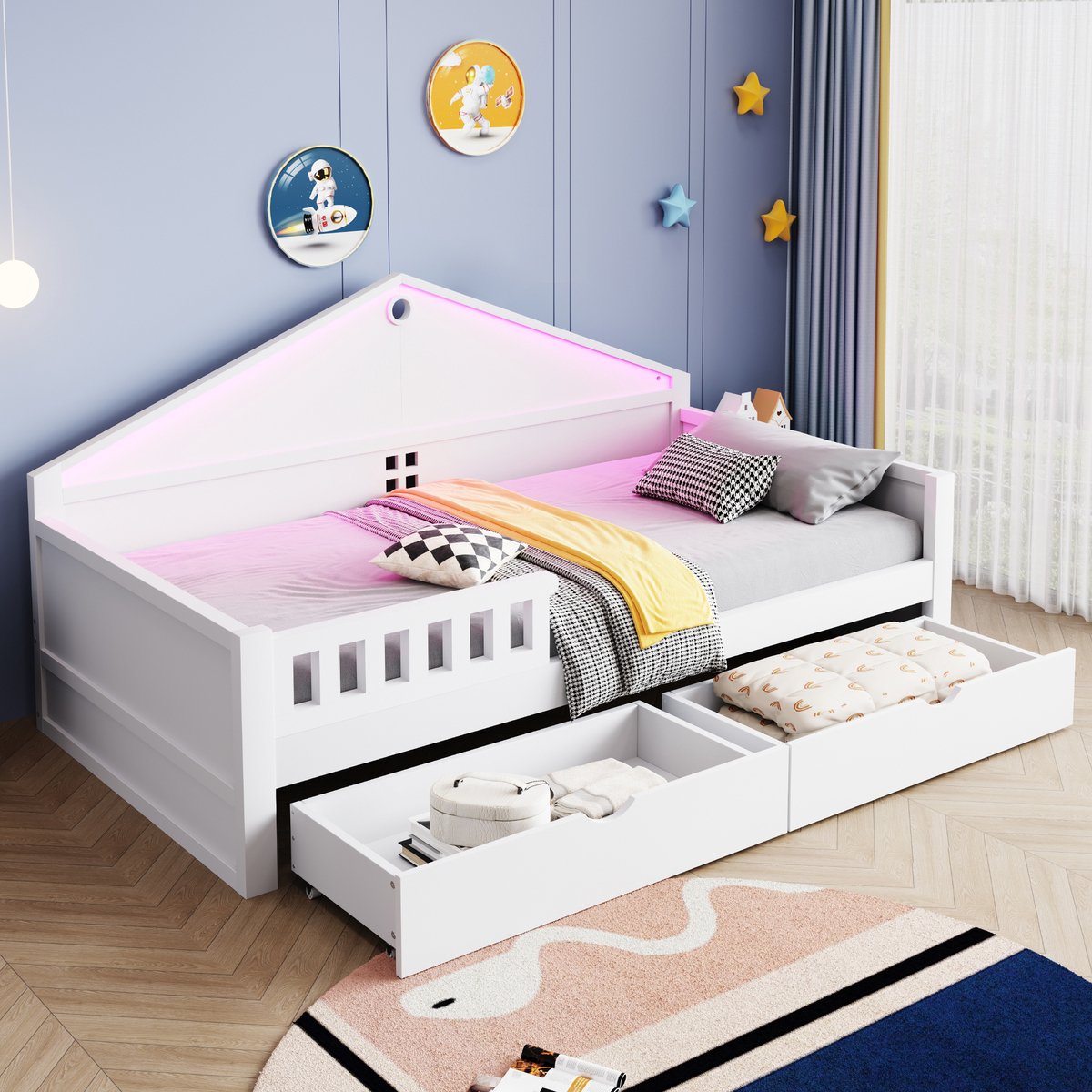 Slaapbank 90x200 cm - Met Opbergruimte - Met Lades - Met LED-verlichting - Wit