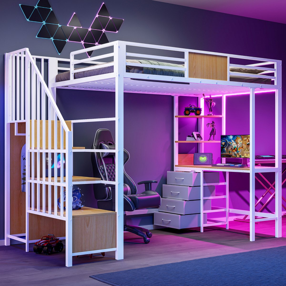 Stapelbed 90x200 cm - Met Opbergruimte - Met LED-verlichting - Met Stopcontact - Met Bureau - Wit