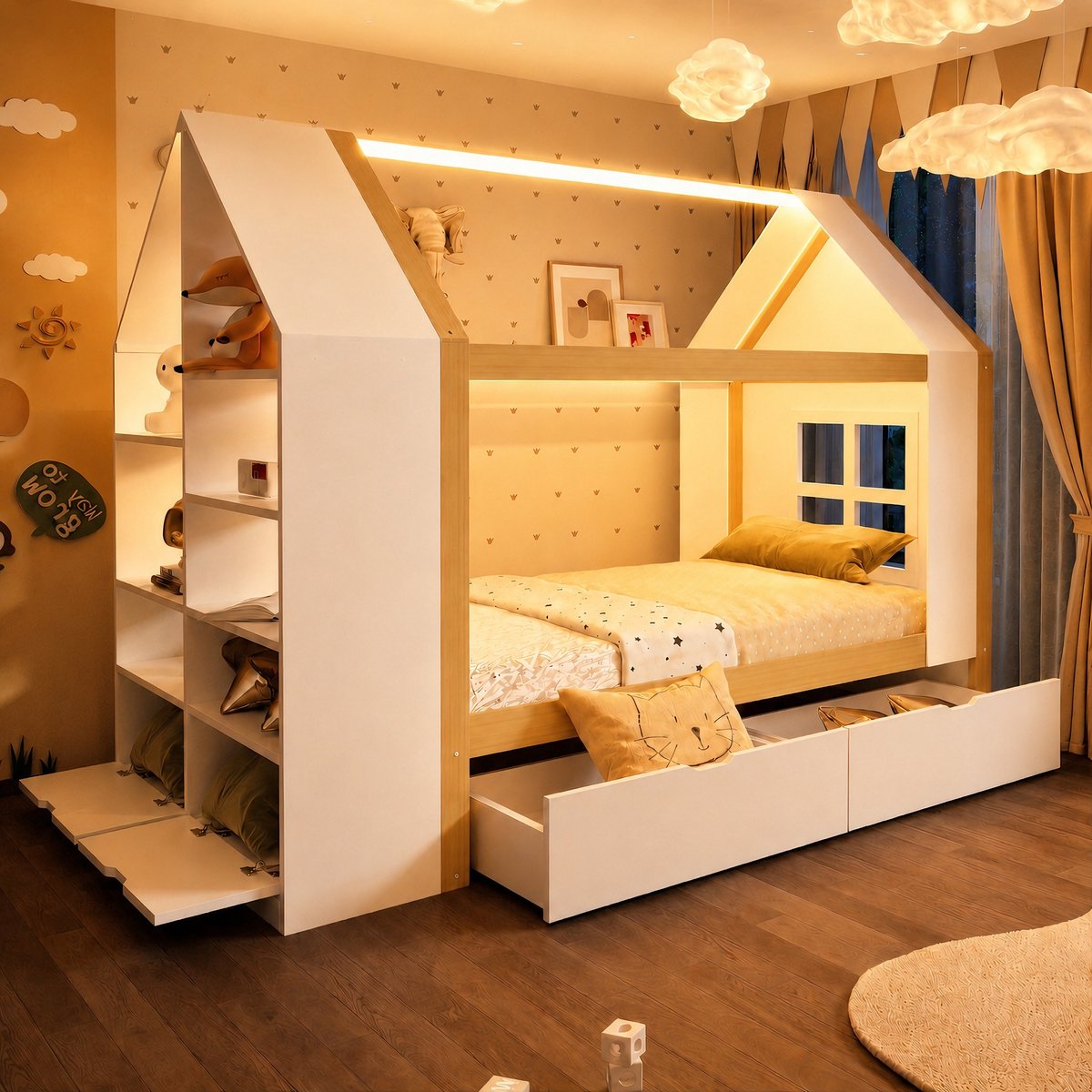 Houten Kinderbed 90x200 cm - Met Opbergruimte - Met LED-verlichting - Met Lades - Naturel Wit