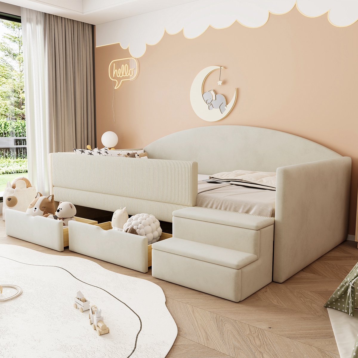 Slaapbank 90x190 cm - Met Opbergruimte - Met Fluweel - Met Lades - Beige