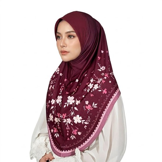 Vrouw draagt een wijnrode hoofddoek met roze bloemmotief en een verfijnde, sierlijke rand.
