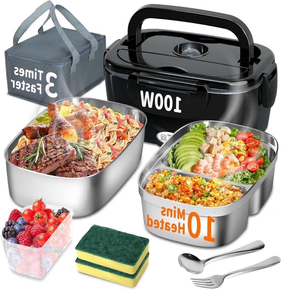 Elektrische Lunchbox - Verwarmde Broodtrommel - Warme Maaltijd Onderweg - 3-in-1 Voedselverwarmer - 1.5 Liter Capaciteit - Zilver