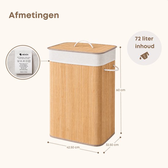 Bamboe wasmand van 72 liter met deksel, afmetingen 42,50 x 32,50 x 60 cm.