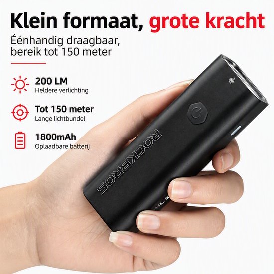 ROCKBROS Fietslamp Voorlicht 200 Lumen USB-C Oplaadbaar - 1800mAh Accu - IPX6 Waterdicht - Compacte LED Fietsverlichting voor Stad, Racefiets & MTB — afbeelding 2