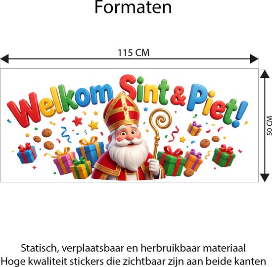 Sinterklaas sticker met de tekst 'Welkom Sint & Piet!' in gekleurde letters. Omringd door cadeaus, koekjes en confetti. Afmetingen 115x50cm.