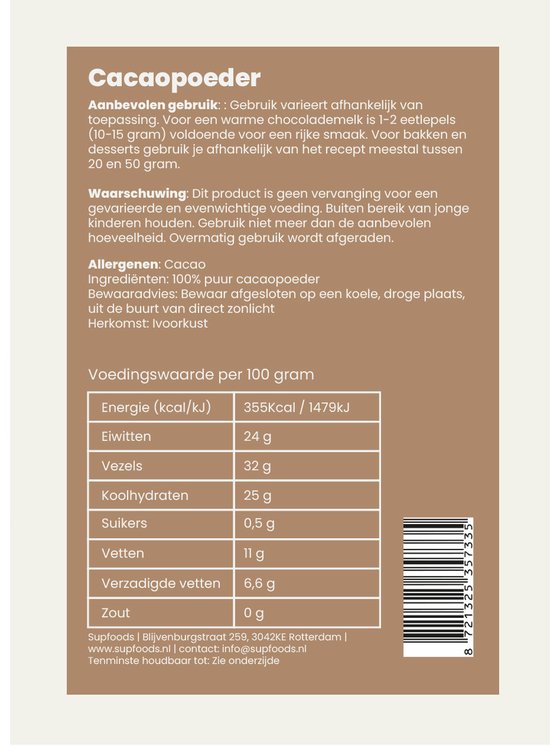 Achterkant van een verpakking met informatie over cacaopoeder: ingrediënten, waarschuwingen, herkomst en voedingswaarde per 100 gram.
