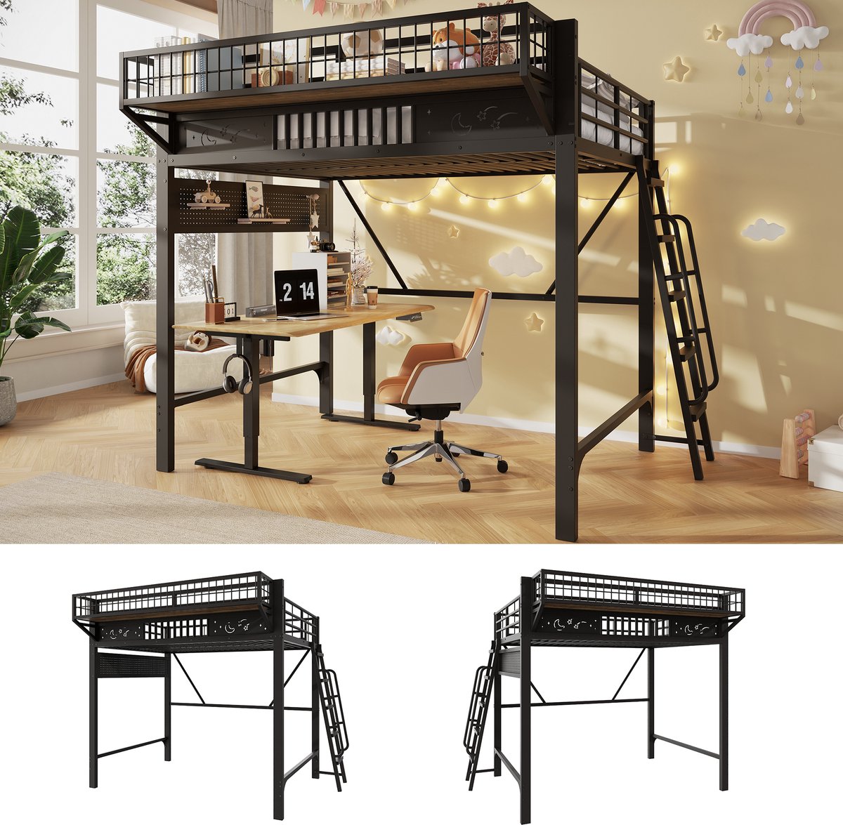 Kinderbed, Hoogbed, 140 x 200 cm, metalen bedframe, opbergkasten, open onderste verdieping, zonder matras, zwart