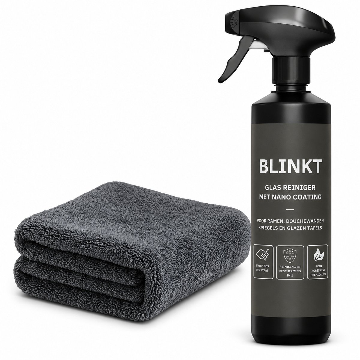 Glasreiniger met Nano Coating & 40x40cm Droogdoek Set - Streeploos Glas zonder Ammoniak - 500ml + 1200GSM Doek - BLINKT