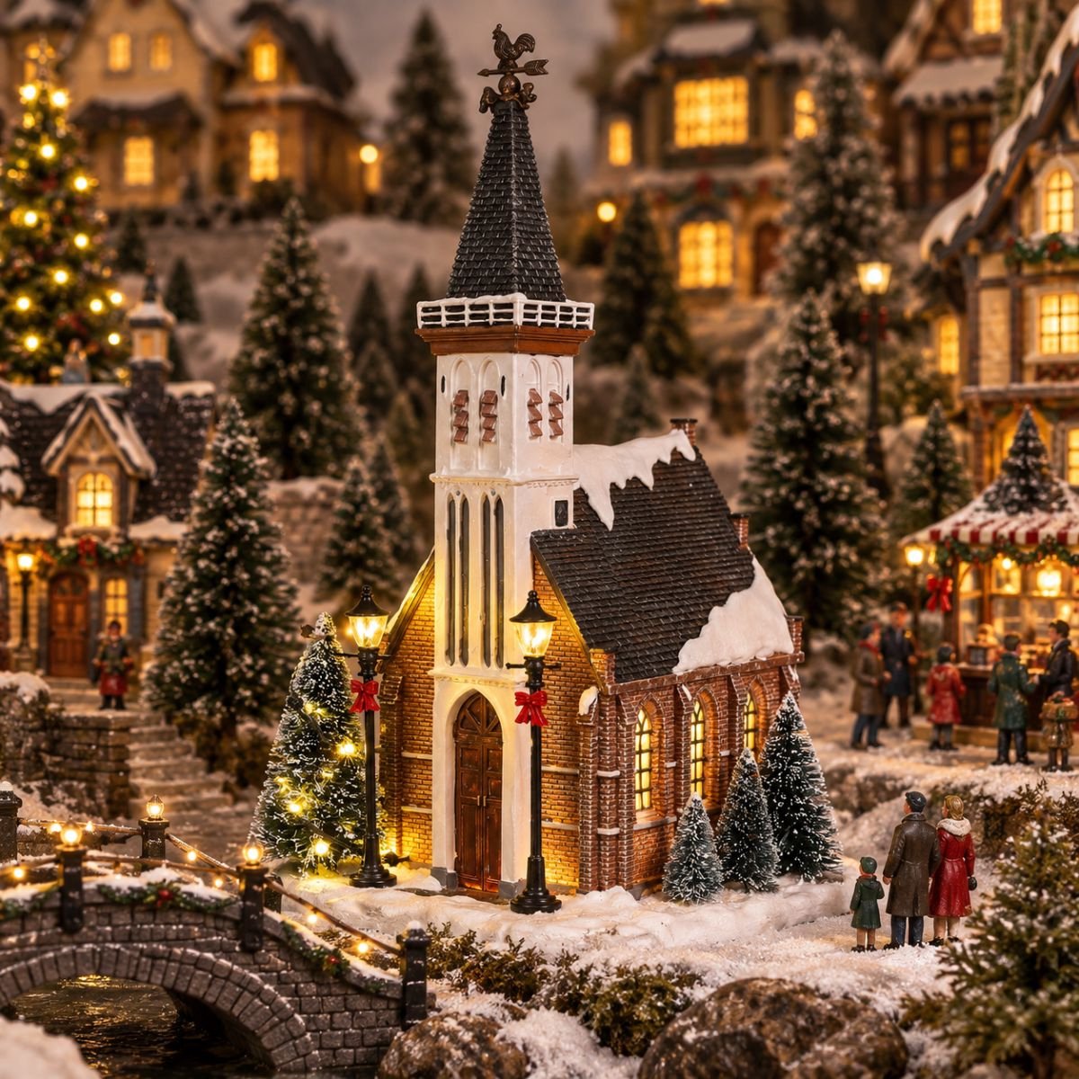 Luville Kerstdorp Miniatuur Kerk - Kerstversiering met Warme Verlichting en Besneeuwde Bomen - Kerst Decoratie voor Binnen op Batterijen - L15 x B16,5 x H31 cm - Meerkleurig – foto 5