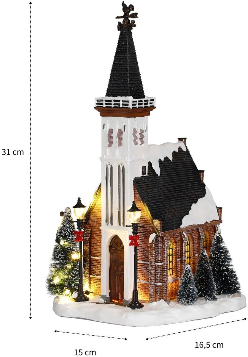 Luville Kerstdorp Miniatuur Kerk - Kerstversiering met Warme Verlichting en Besneeuwde Bomen - Kerst Decoratie voor Binnen op Batterijen - L15 x B16,5 x H31 cm - Meerkleurig – foto 7
