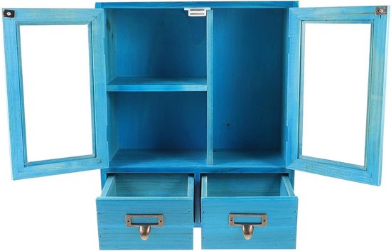 Open blauw houten wandkastje met glazen deuren, een legplank en twee lades met metalen handgrepen.