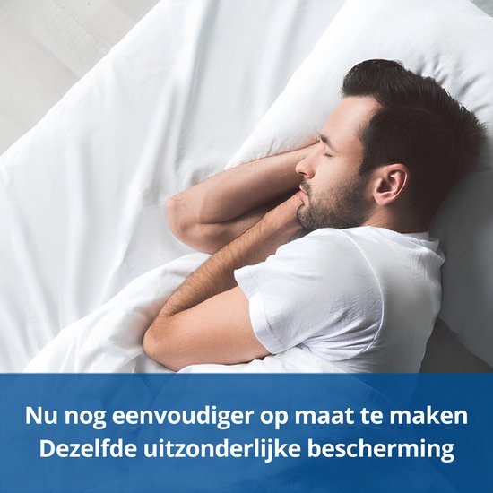 Man slaapt vredig in een wit bed, met de tekst 'Nu nog eenvoudiger op maat te maken'.