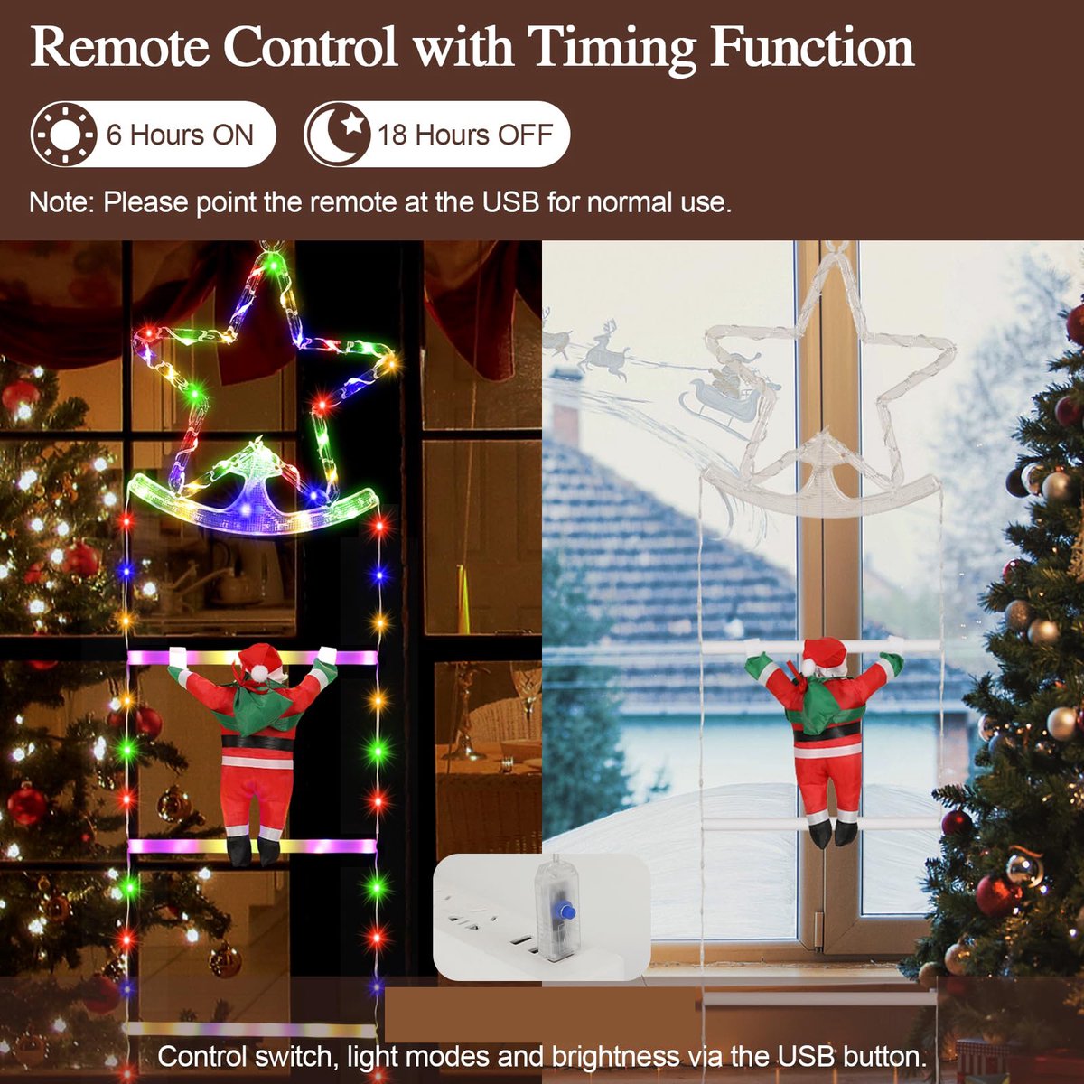 Kerstverlichting met Kerstman op ladder - 3,2 m 295 LEDs kerst lichtsnoer met 8 modi, USB aangedreven met afstandsbediening - LED klimmende Kerstman Kerstversiering voor buiten, binnen, raam, balkon, kerstboom decoratie – foto 2