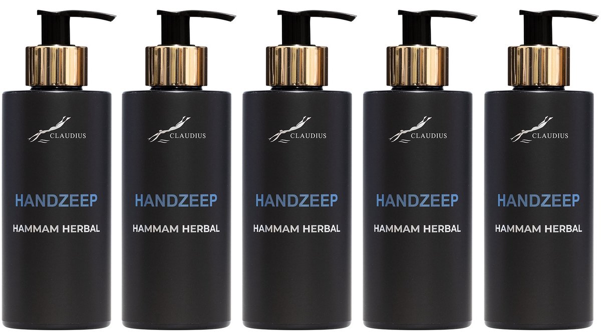 Handzeep Hammam Herbal 300 ml - met gouden pomp - zwarte fles - set van 5 stuks - Voordeelverpakking