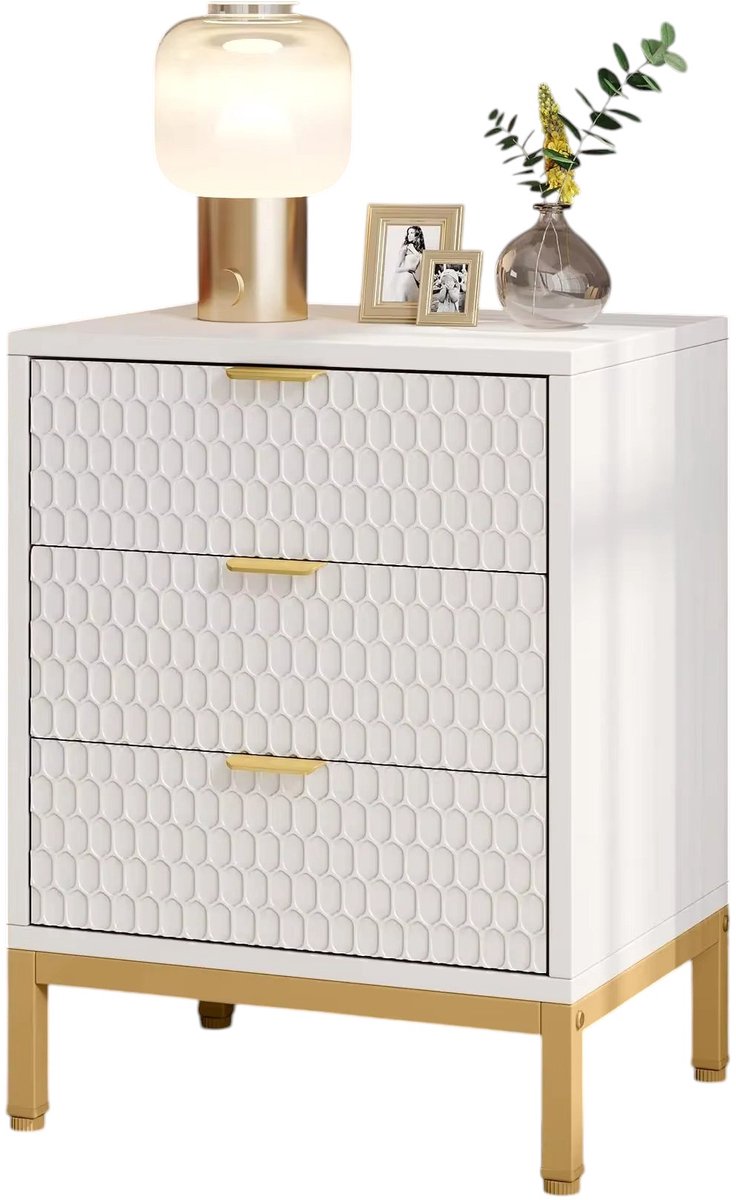 Mura Nachtkastje - Ladekast - Bijzettafel - Opbergkastje - Bedside Table - 3 Ruime Lades - Gouden Accenten - MDF Hout - Wit