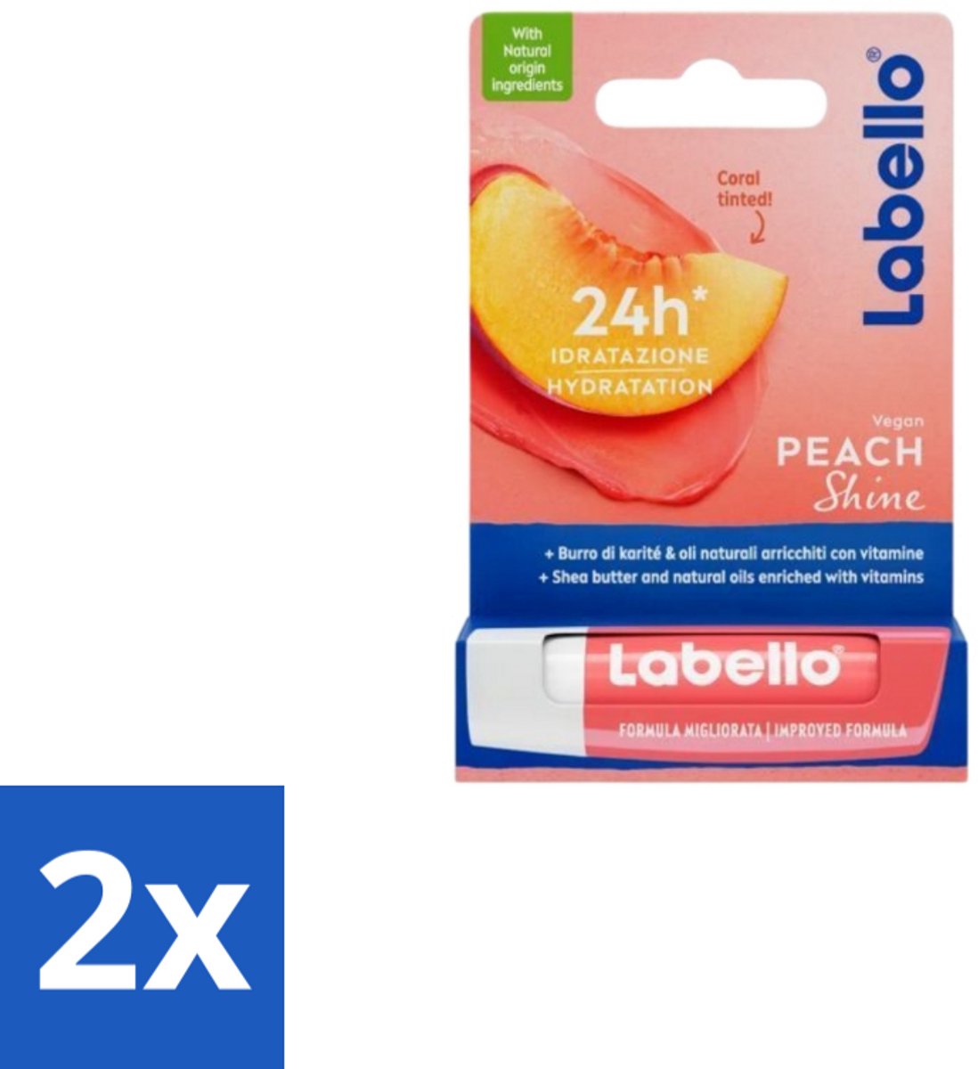 2 x Labello Lippenbalsem Blister Peach Shine 4,8 gr - Lippenbalsem - Vegan Lippenbalsem - Perzikaroma - Glans Lippen - Natuurlijke Lippenbalsem
