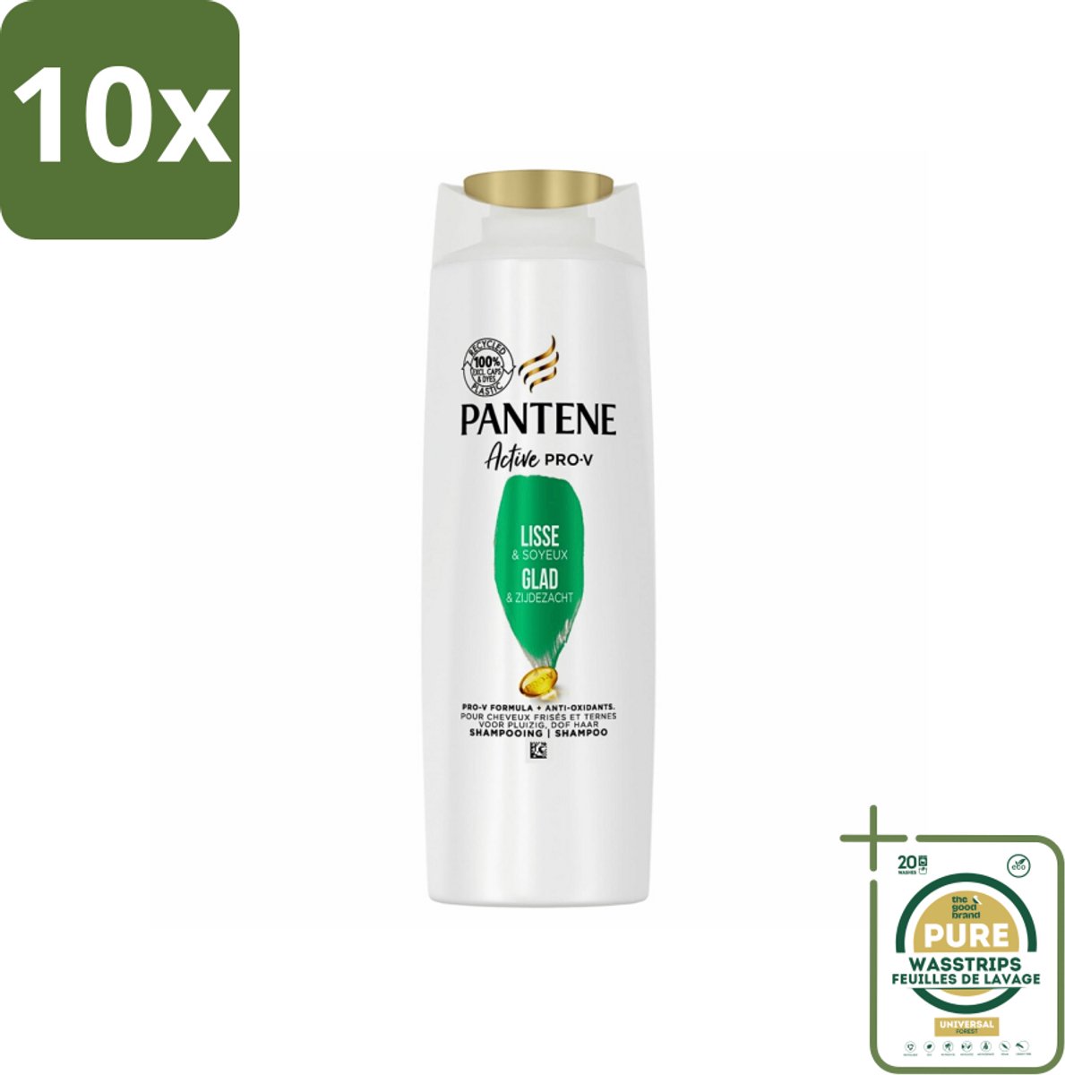 10 x Pantene - Shampoo - Glad & Zijdezacht - Voedt en Versterkt - Voor Pluizig Haar - 225 ml - Grootverpakking - Pluis - Droog Haar - Zijdezacht Haar - Haar Verzorging - Haar Voeding