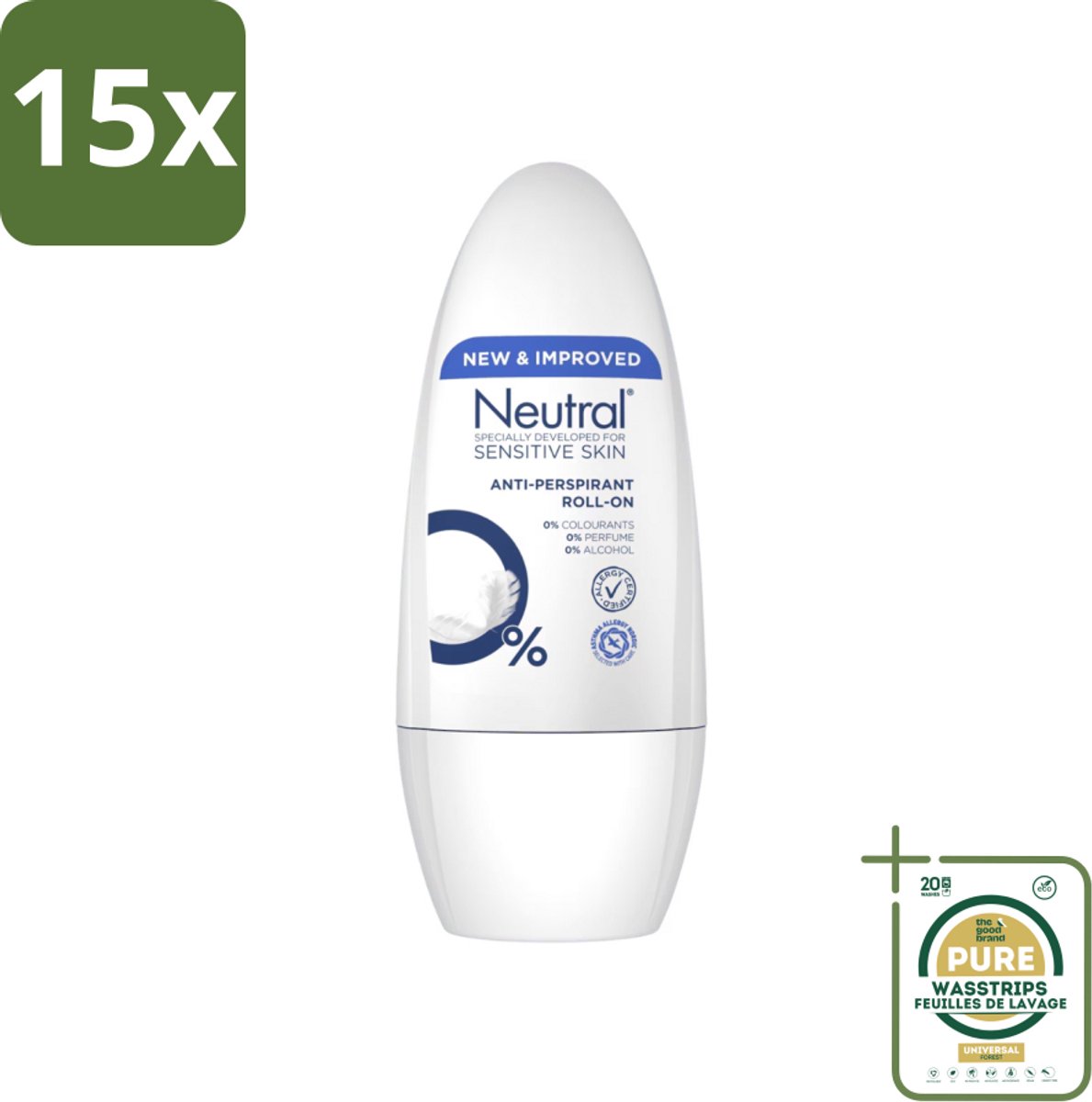 15 x Neutral - Deodorant Roller - Gevoelige Huid - Anti-perspirant - 0% Parfum, Kleurstof & Alcohol - 50 ml - Grootverpakking - Gevoelige Huid - Anti-perspirant - Deodorant Roller - Biologisch Afbreekbaar - Milieuvriendelijk
