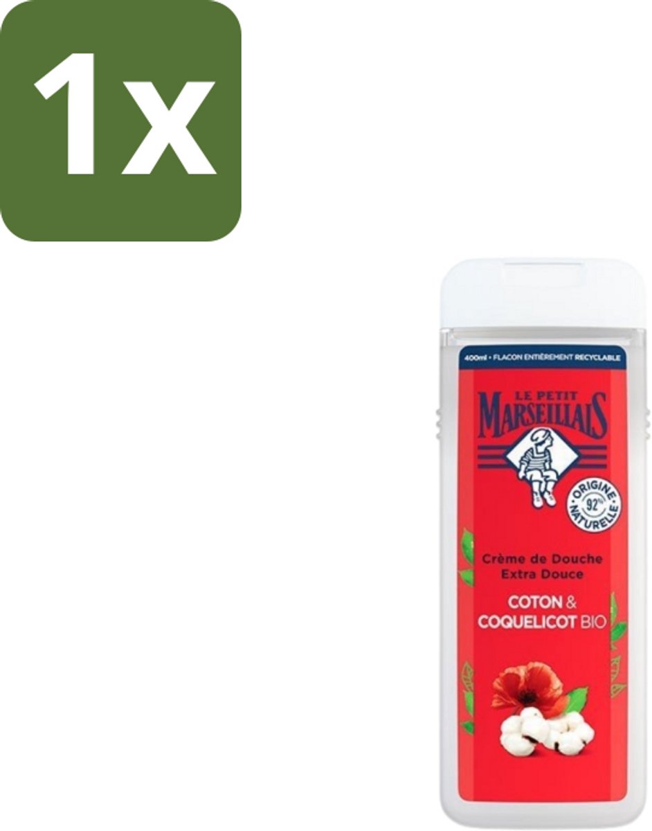 1 x Le Petit Marseillais – Douchegel – Bio Katoenmelk & Papaver – 400 ml - Douchegel Bio - Katoenmelk - Papaver - Huid Verzorging - Milde Reiniging